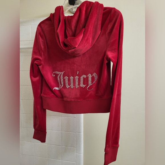 Juicy Couture Tops - Juicy couture red velour hoodie jacket with bling women's/Junior's size small